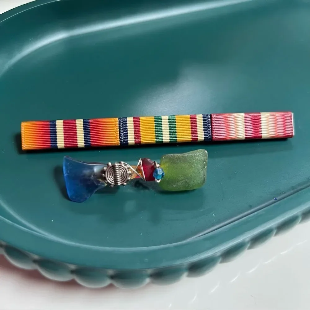 Vintage Handmade One of a Kind Rainbow Glass Stones Striped Fabric Brooch Lot